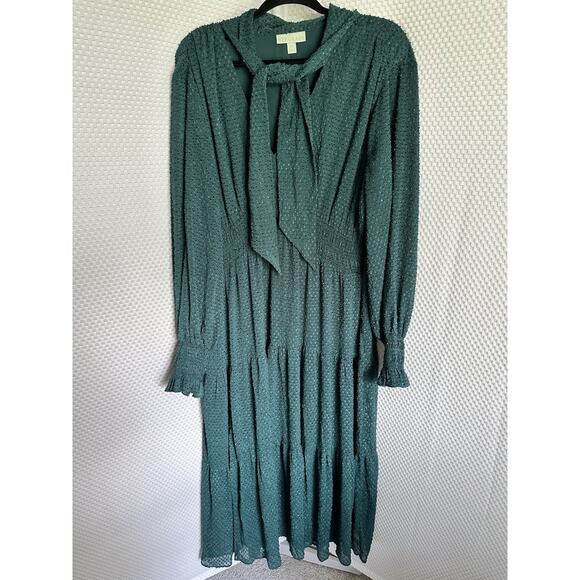 Ryegrass Maxi Dress 1X Tiered Smocked Puff Long Sleeve Boho Festival Green - Picture 2 of 11
